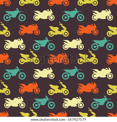 Retro motorcycle seamless pattern. Vector illustration for bike transport design. Bright vehicle, motorbike, scooter, chopper pattern. Bike wallpaper background. Cartoon silhouette shape.