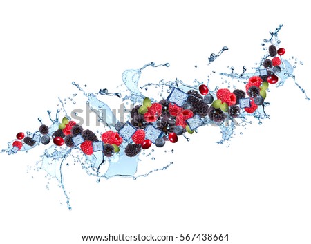 Water splash with mic berries isolated on white background. Abstract object. Fresh fruits.