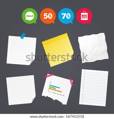 Business paper banners with notes. Sale speech bubble icon. 50% and 70% percent discount symbols. Big sale shopping bag sign. Sticky colorful tape. Speech bubbles with icons. Vector
