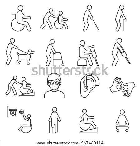 Set of disabilityRelated Vector Line Icons. Includes such Icons as a disabled, crutches, hearing aid, blind, sports for the disabled, mute, guide dog, assistance Royalty-Free Stock Photo #567460114