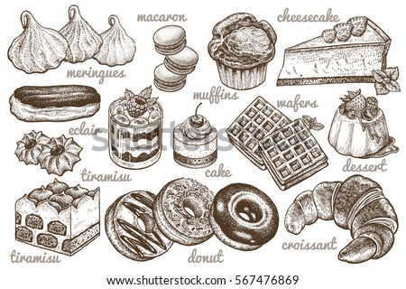 Desserts set. Vector illustration. Cakes, biscuits, baking, cookies, pastries, eclair, muffin, cheese cake, waffles, donuts, croissant, meringue hand drawing on white  background. Food vintage style. Royalty-Free Stock Photo #567476869