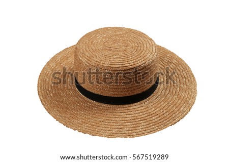 Straw Hat with plain design, wide brim, and a simple black band, worn by Amish farmers, isolated on white background.