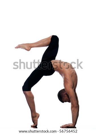 caucasian man stretching gymnastic acrobatics isolated studio on white background