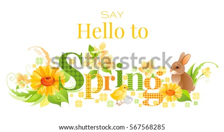 Hello Spring text lettering logo. Easter bunny icon, chicken symbol, egg, flat flower, cherry blossom. Springtime holiday poster. Vector banner isolated white background. Greeting card illustration