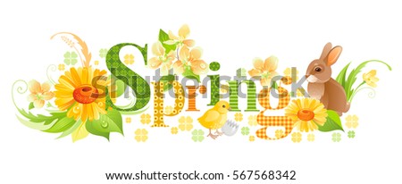 Spring text lettering logo. Easter bunny icon, chicken symbol, egg, daisy flower, cherry sakura blossom. Springtime poster. Vector banner isolated white background. Nature greeting card illustration