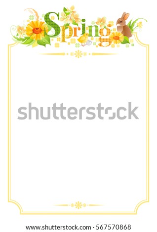 Spring text lettering border frame. Easter bunny icon, chicken symbol, egg, daisy flower, cherry blossom. Springtime poster. Vector banner isolated white background. Nature greeting card illustration
