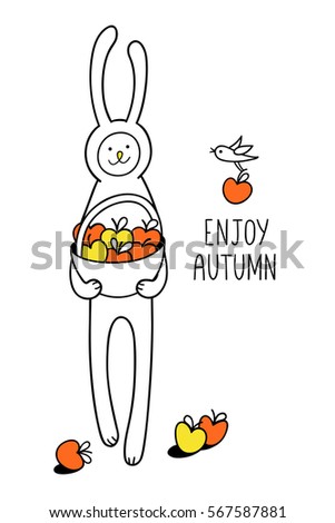 Enjoy autumn greeting card. Apple harvest season. Bunny rabbit holds basket of apples on white background. Cute hand drawn animal character design and graphic elements for kids. 