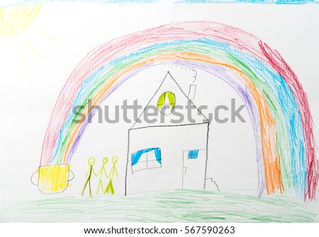 child's drawing. home rainbow and happy family