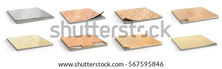 Floor types coating. Flooring Installation. Set of pieces of different floor coating. Parquet, laminate, wooden plank, tiles, concrete. 3d illustration