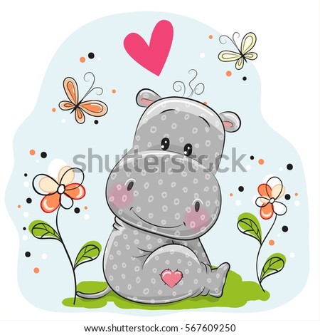 Cute Hippo with flowers and butterflies on the meadow