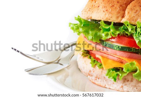 burger sandwiches bread with bacon , ham and cheese with vegetable , healthy breakfast on white background , healthy breakfast food concept