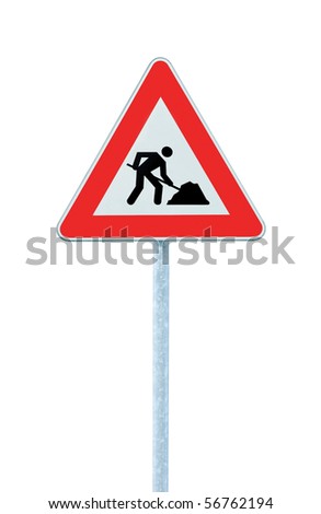 Road Works Ahead Warning Road Sign With Pole,  isolated under construction roadworks concept
