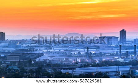Aerial view of Laem Chabang at sunrise,Thailand Cityscape and Refinery zone. Royalty-Free Stock Photo #567629581