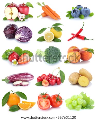 Fruits and vegetables collection isolated apple orange grapes cherries carrots carrot fresh fruit on a white background