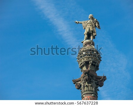 Christopher Columbus monument in the sea front with a blue sky background, in Barcelona.
The Columbus statue is one of the most iconic symbols of the city of Barcelona, Spain.