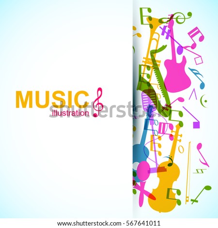 Music abstract design concept with colorful musical instruments and notes on light background vector illustration