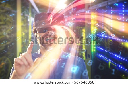 View of data technology against male business executive using virtual reality headset