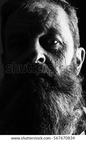 Black and white portrait picture of a senior man with a full beard. Close up head shot with close up of face. Grumpy serious facial expression. Viking type full beard.