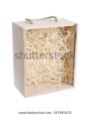 opened wooden box for product transfer with straw isolated on white background