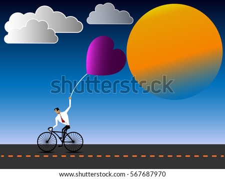 Man riding bicycle with pink balloons.Vector Illustration.