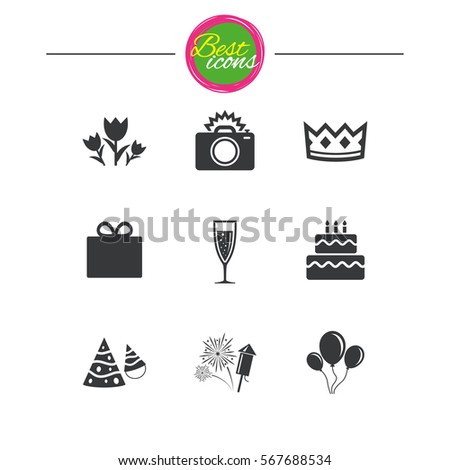 Party celebration, birthday icons. Fireworks, air balloon and champagne glass signs. Gift box, flowers and photo camera symbols. Classic simple flat icons. Vector
