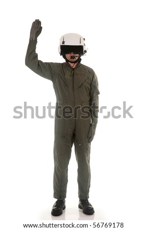 Military pilot with white helmet marshaling aircraft on a white background