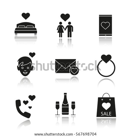 Valentine's Day drop shadow black icons set. Bed, family, smartphone dating app, boy, champagne, wedding ring with heart, romantic talk, shopping bag, love letter. Isolated vector illustrations