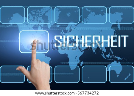 Sicherheit - german word for safety or security concept with interface and world map on blue background