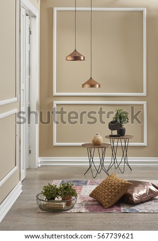 trending interior decoration cream color framed wall modern copper lamp and contemporary Household accessories