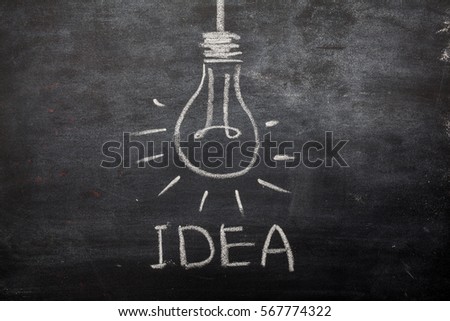 hand drawing chalk bulb and word idea with empty black board