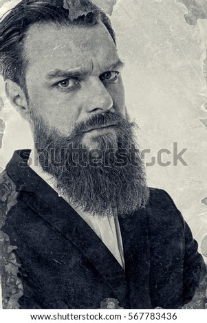 Portrait of a young confident bearded man.Old style