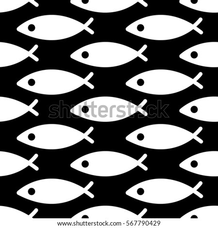 White Christian fish vector seamless pattern on black background.