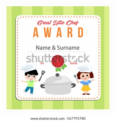 Little chef award. Cooking class for kids green certificate design template, vector illustration