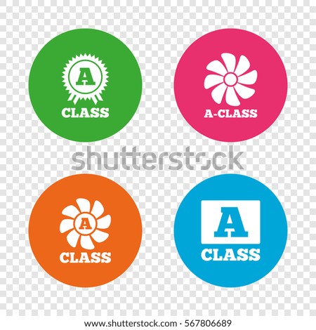 A-class award icon. A-class ventilation sign. Premium level symbols. Round buttons on transparent background. Vector