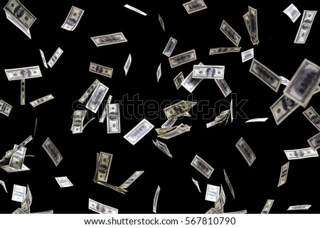 hundred dollars banknotes fly on black background. money rain concept
