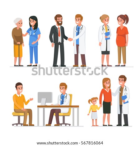 Different medical staff with their patients. Vector medicine illustration Royalty-Free Stock Photo #567816064