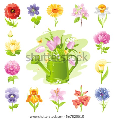 Garden wild flower icon set. Floral icons, summer spring plant flat symbol isolated white background. Easter Mothers day Birthday signs. Vector illustration. Watering can. Rose lily daisy tulip poppy