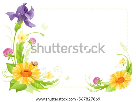 Flower frame isolated white background. Spring summer nature vector illustration. Floral border. Daisy iris clover crocus bouquet. Template poster. Mothers day Birthday Wedding invitation
