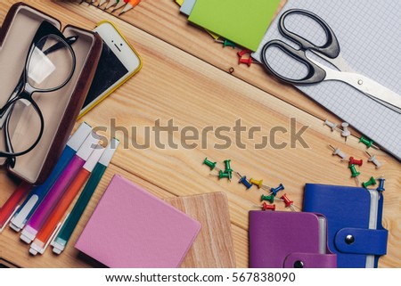 card notebook pencils pens scissors glasses