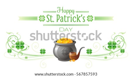 Happy Saint Patrick day border banner, isolated white background. Irish shamrock clover, green leaf frame, text lettering logo, gold pot pipe icon. Traditional Northern Ireland celtic Patrick's poster