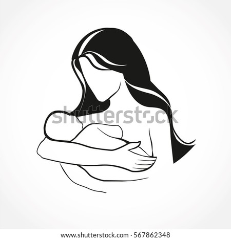 Mother and baby stylized vector symbol, mom hugs her child. Hand drawn silhouette. Happy Mothers Day celebration. sketch in black lines.