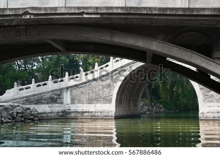 Bridge on River in forest. Suzhou Street in Summer Palace in Beijing, China.