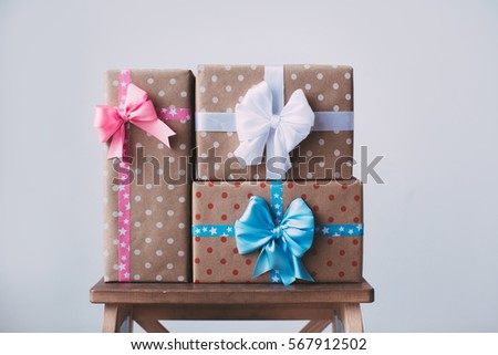 Collection of Colorful Gifts Boxes. Concept of a holiday.