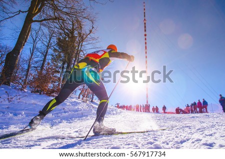 Nordic ski skier on the track in winter - sport active photo with space for your montage - Illustration picture for winter olympic game in pyeongchang 2018 Royalty-Free Stock Photo #567917734