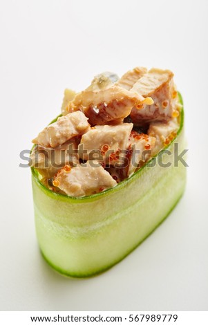 Japanese Sushi - Unagi Gunkan Sushi (Cucumber wrapped Smoked Eel Sushi) on White Background. Cucumber Slice outside