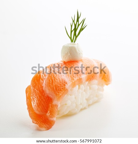 Japanese Sushi - Sake Nigiri Sushi (Salmon Sushi) with Cream Cheese on White Background