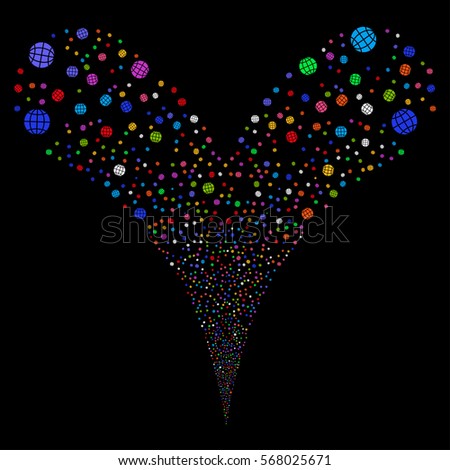 Globe fireworks stream. Vector illustration style is flat bright multicolored iconic symbols on a black background. Object double fountain combined from random pictographs.