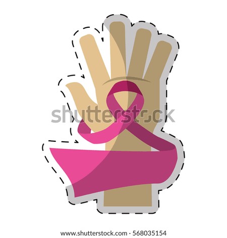 Pink breast cancer ribbon in the hand, vector illustration