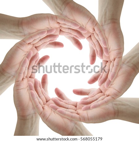 teamwork Conceptual symbol of human hands making a circle on white background with a copy space in the middle