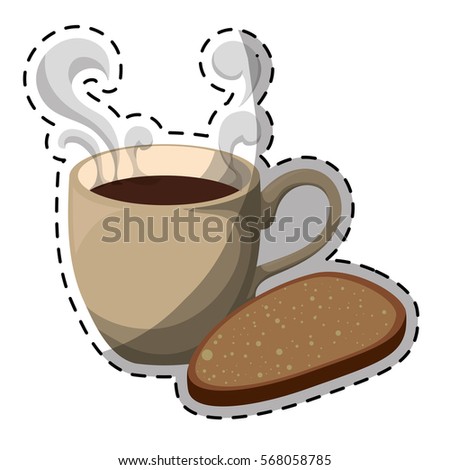 Color coffee cup with steam and bread icon, vector illustration